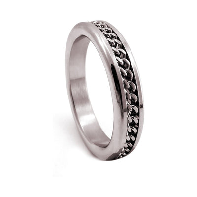 Close-up of a polished chrome ring featuring a central chain design, 1.75 inches in diameter.