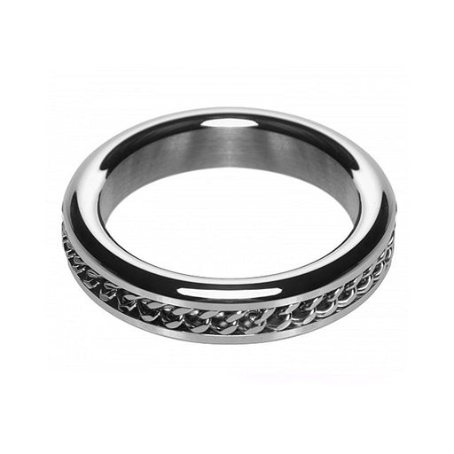 Polished chrome cock ring featuring a stylish chain design around the band, 1.75 inches in diameter.