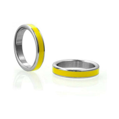 Two stainless steel rings with a yellow band in the center, displayed on a white background.