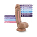 Realistic brown dildo with dual density technology, suction cup base, and harness compatibility, highlighting soft outer layer and firm core.