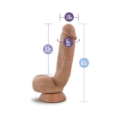 Realistic brown dildo with suction cup base, 8.7 inches length, 6-inch girth, and 1.8-inch head diameter, detailed texture.