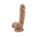 Realistic brown dildo with textured shaft, pronounced head, attached balls, and suction cup base on white background.