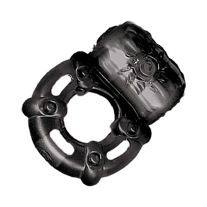 Black Macho Pulsating Erection Keeper with textured vibrating section and stretchy ring design.