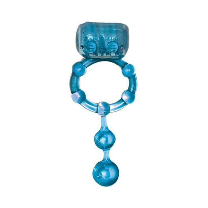 Blue vibrating cock ring with stretchy band and attached dangling beads for added stimulation.