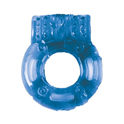 Blue stretchy vibrating cockring with textured surface and compact design.