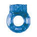 Blue stretchy vibrating cockring with textured surface and compact design.
