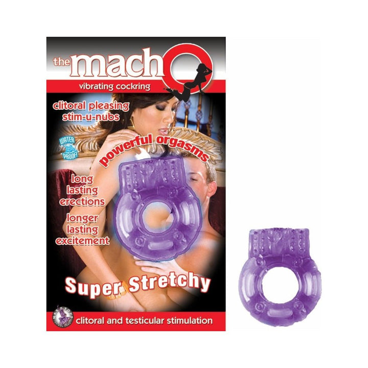 Purple Macho vibrating cockring with nubby texture for clitoral and testicular stimulation, shown with packaging.