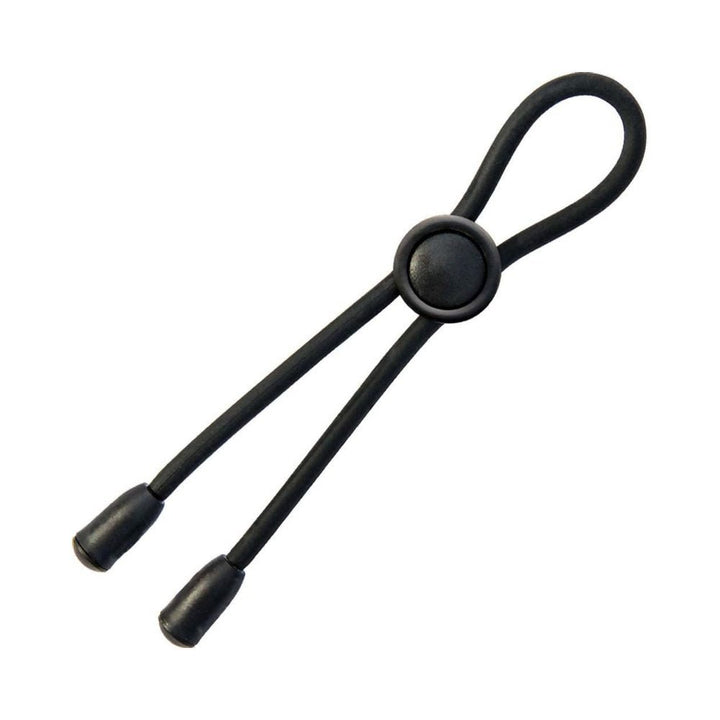 Black adjustable silicone cock tie with a loop and sliding button for customizable fit and comfort.