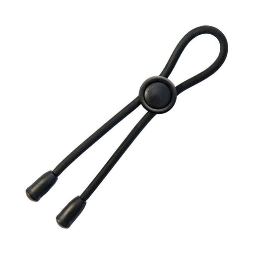 Black adjustable silicone cock tie with a loop and sliding button for customizable fit and comfort.