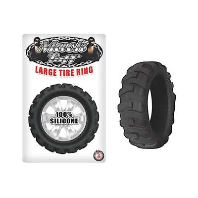 Black silicone ring with tire tread texture next to its branded packaging showing product name and 100% silicone label.