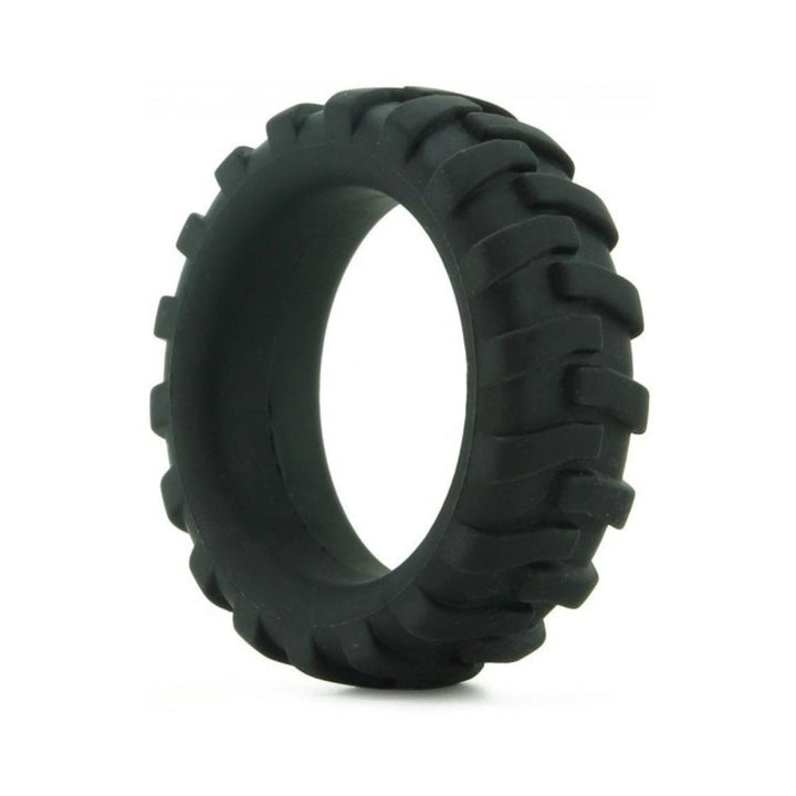 Black silicone ring with rugged tire tread texture designed for enhanced grip and comfort.