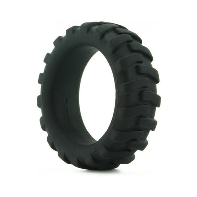 Black silicone ring with rugged tire tread texture designed for enhanced grip and comfort.