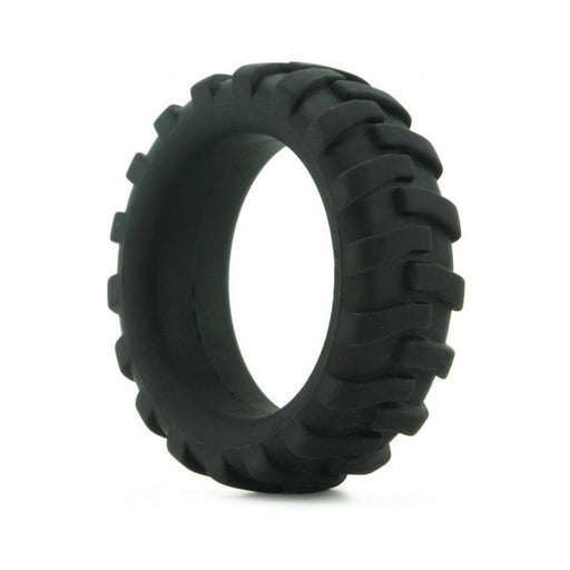 Black silicone ring with rugged tire tread texture designed for enhanced grip and comfort.