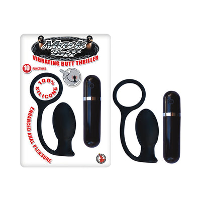 Black silicone vibrating butt plug with remote control, shown in and out of packaging for enhanced anal pleasure.