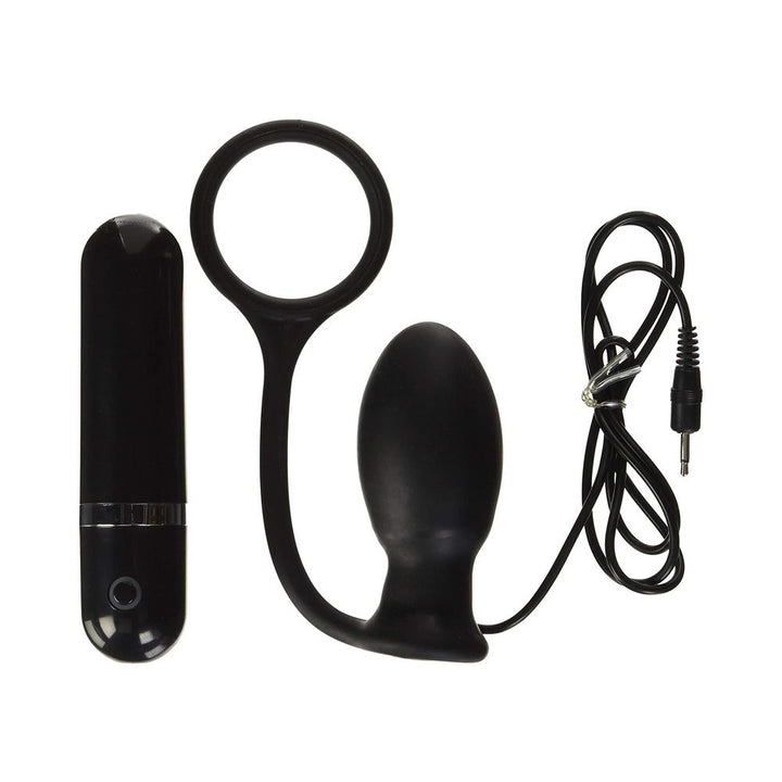 Black silicone vibrating butt plug with attached ring and wired remote control on white background.