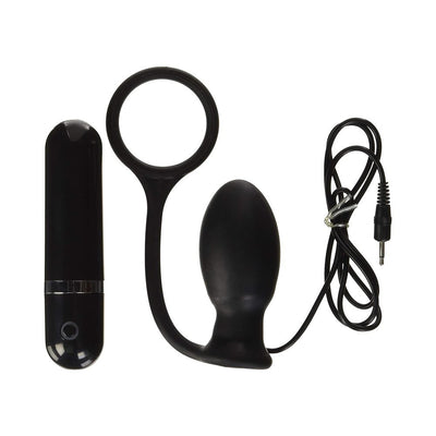 Black silicone vibrating butt plug with attached ring and wired remote control on white background.