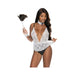 Model wearing white lace teddy with deep V-neck, black bottoms, lace collar with bow, wrist cuffs, and holding feather duster accessory.