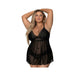 Plus size model wearing black lace bralette and sheer mesh babydoll skirt lingerie set with adjustable straps