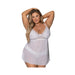 Plus size model wearing white lace bralette babydoll with matching sheer skirt and adjustable straps against white background