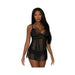 Woman wearing a black lace bralette and sheer mesh babydoll skirt lingerie set with adjustable straps.