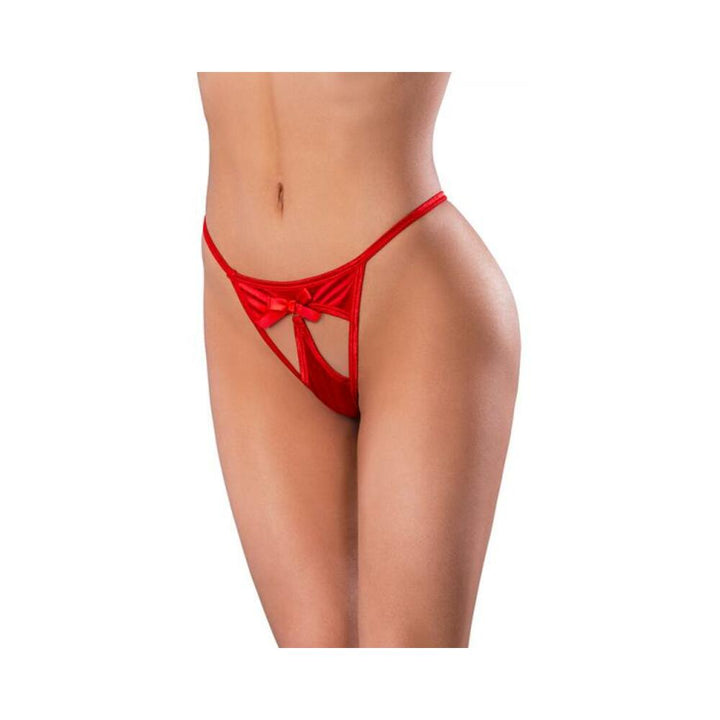 Red satin pull-open G-string with bow detail on model against white background