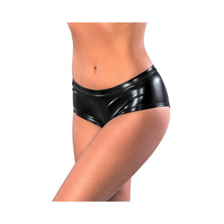 Close-up of a model wearing black shiny low-rise boyshorts with a sleek wet-look finish.
