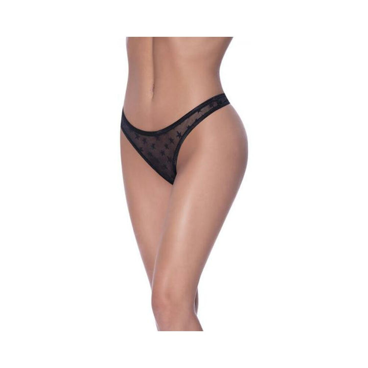 Black high leg, high waist micro tanga panty with star pattern on sheer mesh fabric.