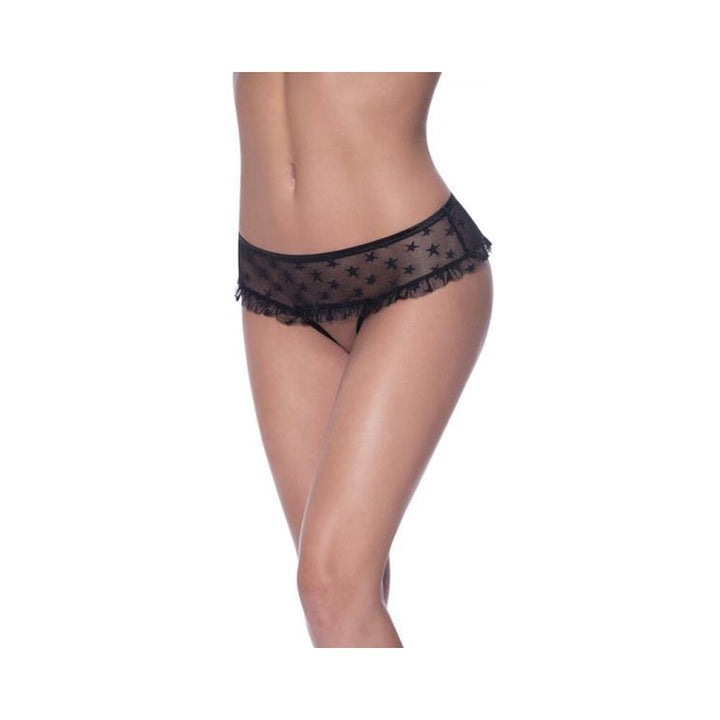 Black mesh hipster panty with star patterns and ruffled skirted trim, featuring an open crotch design.