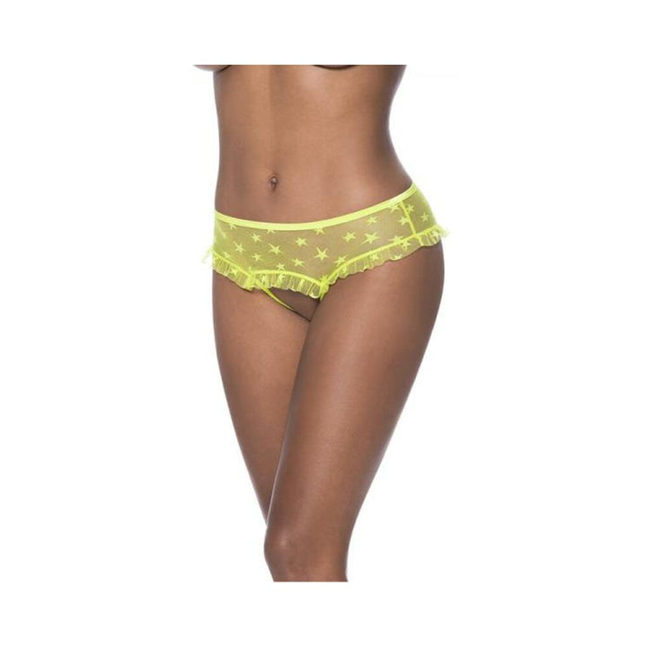 Neon chartreuse mesh hipster panty with star pattern and ruffled edges on model's hips
