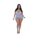 Plus size model wearing periwinkle lace babydoll with split crotch panty and adjustable straps, paired with white heels.