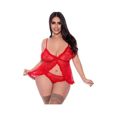 Model wearing a red lace babydoll with adjustable straps and matching split crotch panty set.