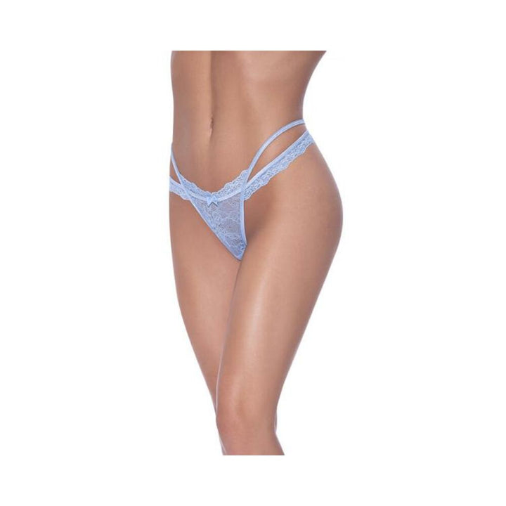 Periwinkle lace cross-strap split crotch thong with satin bow detail on model.