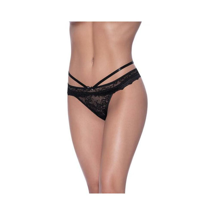 Black lace cheeky panty with cross-strap design and a small front bow detail on a model.