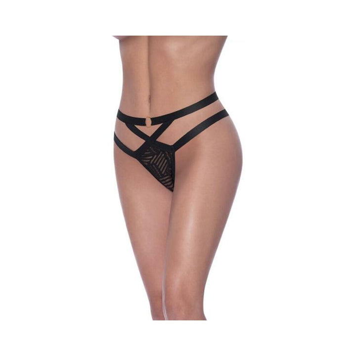 Black cheeky panty with strappy elastic bands and mesh front panel featuring geometric patterns and a small ring detail.