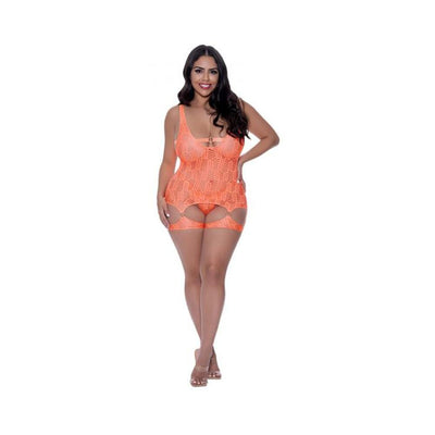 Magic Silk Rude Awakening Stirrup Chemise & Split Crotch Panty Set Neon Orange Queen Size | SexToy.com