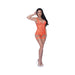 Model wearing neon orange stirrup chemise and split crotch panty set with geometric mesh pattern and strappy details.