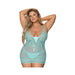 Plus size model wearing a sheer turquoise lace-up chemise with matching mesh G-string lingerie set.