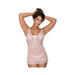 Woman wearing a blush pink lace-up chemise with lace trim and matching mesh G-string lingerie set.