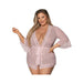 Plus size model wearing a blush pink thigh-length mesh robe with lace trim and flutter bell sleeves, tied at the waist with a matching belt.