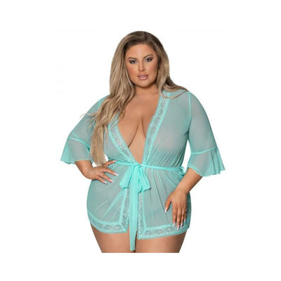 Plus size model wearing a sheer seabreeze blue robe with lace trim and a matching waist tie belt.