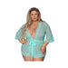 Plus size model wearing a sheer seabreeze blue robe with lace trim and a matching waist tie belt.