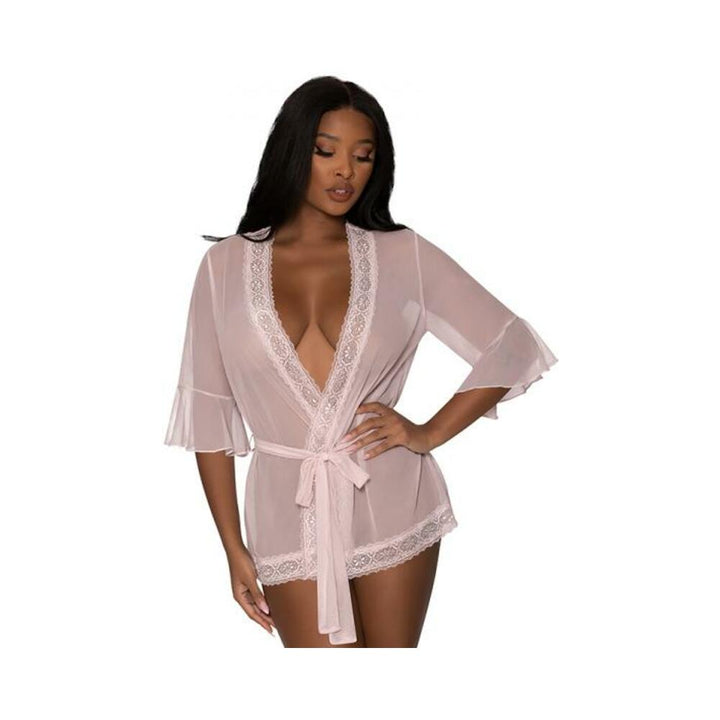 Woman wearing a blush pink thigh-length sheer robe with lace trim and flutter sleeves, tied at the waist with a matching belt.