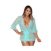 Woman wearing a sheer aqua thigh-length robe with lace trim and a matching waist tie belt, featuring flutter sleeves.