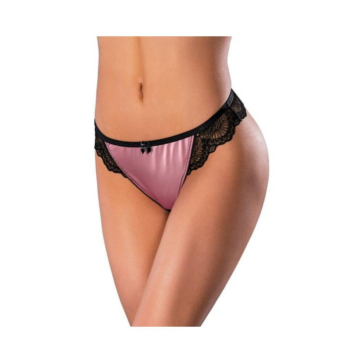 Mauve satin crotchless thong with black lace trim and small bow detail on model's hips and lower abdomen.