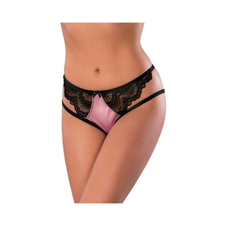 Mauve satin cheeky panty with black scalloped lace and double hip straps on model against white background.