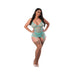 Curvy model wearing aqua sheer mesh basque and thong set with garter straps and nude thigh-high stockings.