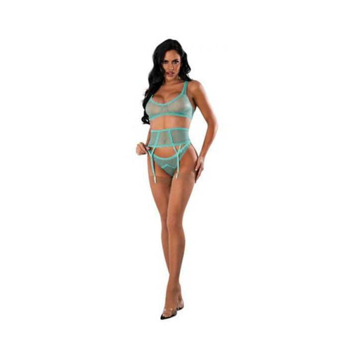 Model wearing aqua floral mesh bralette, waist cincher with garter straps, and matching cheeky panty set.