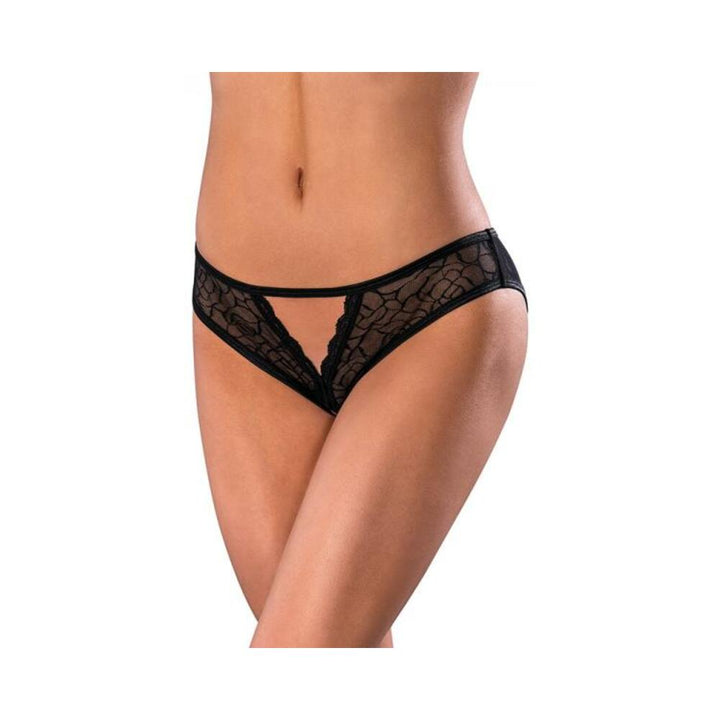 Black sheer floral lace crotchless panty with delicate trim, modeled on a torso against a white background.
