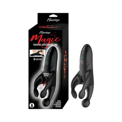 Black Magic Thumping Masturbator with ergonomic design and control buttons, shown with packaging highlighting 10 functions and massage features.