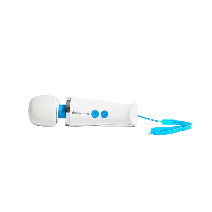 Compact white Magic Wand Micro massager with blue buttons and wrist strap on a white background.